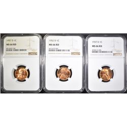 1937-D, 52-D & 57-D LINCOLN CENTS, NGC MS-66 RED