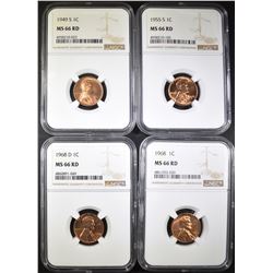1949-S, 55-S, 68, 68-D LINCOLN CENTS, NGC MS-66 RD
