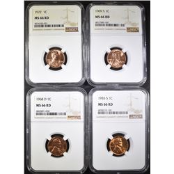 1955-S, 68-D, 69-S, 72 LINCOLN CENTS, NGC MS-66 RD