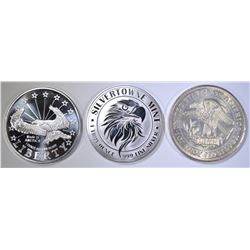 3-DIFFERENT EAGLE THEMED 1oz .999 SILVER ROUNDS