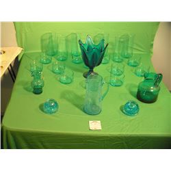 Collection of light and dark blue art glass