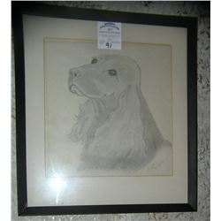 Dog pencil drawing artist signed dated 1972