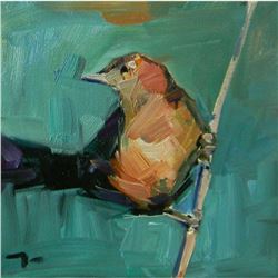 Signed Trujillo Impressionist Oil Painting, Bird's Song, Little Bird on Branch