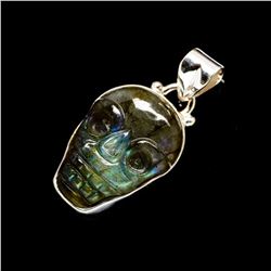 Carved Labradorite Gemstone & Sterling Skeleton Skull Pendant