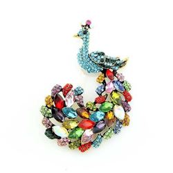 Teal Blue Rhinestone Peacock Brooch