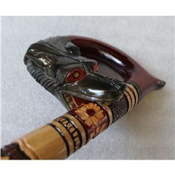 Hand-carved Wooden Walking Stick, Biting Wolf, Dog Head Cane