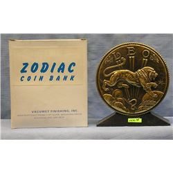 Vintage cast metal zodiac bank Leo