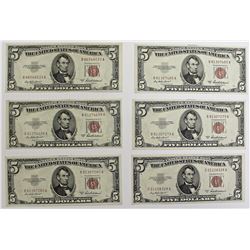 6 PCS. 1953-A $5.00 UNITED STATES NOTES