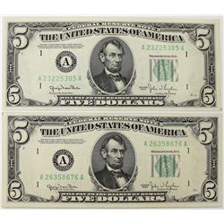 TWO 1950 $5.00 BOSTON FEDERAL RESERVE NOTES