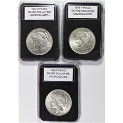 (3) BU PEACE SILVER DOLLARS