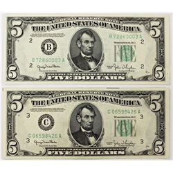 TWO 1950 $5.00 FEDERAL RESERVE NOTES: