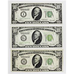 THREE 1928-B $10.00 FEDERAL RESERVE NOTES
