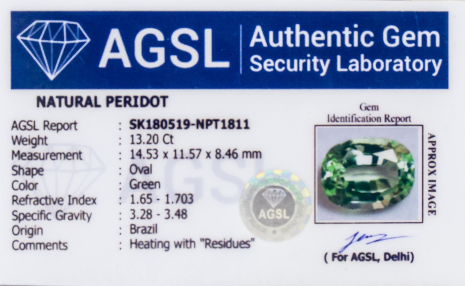 13 2ct Oval Cut Green Peridot Gem AGSL Certificate 13 2ct Oval Cut Green Peridot Gem AGSL Certificate