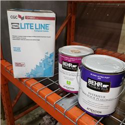 NEW BOX OF LITELINE DRYWALL COMPOUND AND 2 HALF CANS BEHR PAINT