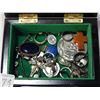 Image 2 : WOODEN JEWELLERY BOX AND 2 TRAYS OF VARIOUS JEWELLERY