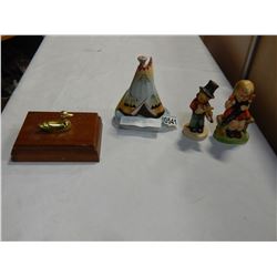 2 HUMMEL STYLE FIGURES HAND PAINTED DISH AND BRASS DUCK DRESSER BOX