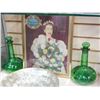 Image 3 : ART GLASS DISH, 2 GREEN GLASS DECANTERS, AND QUEEN CORONATION SOUVENIR