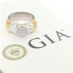 Men's Ribbed 18k Two Tone Gold GIA Certified Round Star Sapphire Solitaire Ring