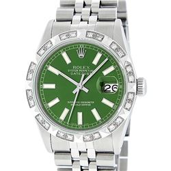 Rolex Mens Stainless Steel 36MM Green Index Pyramid Diamond Datejust Wristwatch