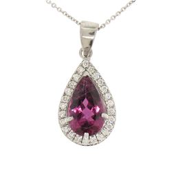 18k White Gold 4.20 ctw Pear Shaped Rubellite Tourmaline Pendant w/ Diamond Halo