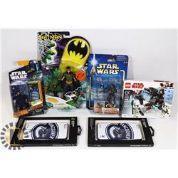 BOX WITH STAR WARS ITEMS, ROBIN FIGURE