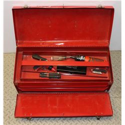 RED METAL TOOL BOX, WITH TOOL CONTENTS