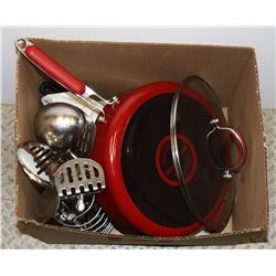 BOX OF ASSORTED COOKWARE & UTENSILS