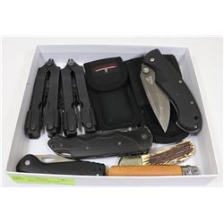 BOX WITH LEATHERMAN, SWISS ARMY, CRKT, BUCK KNIVES