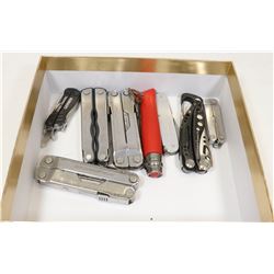 BOX WITH LEATHERMAN SWISS ARMY GERBER KNIVES,
