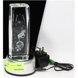 ETCHED CRYSTAL PEGASUS, WITH LIGHTED ROTATING BASE