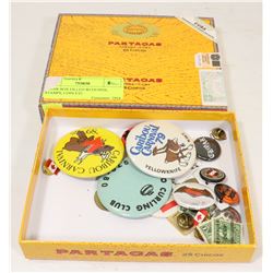 CIGAR BOX FILLED WITH PINS, STAMPS, COIN ETC
