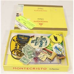 CIGAR BOX FILLED WITH PINS, STAMPS, COIN ETC