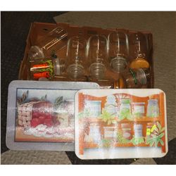 BOX WITH 9 GLASS STORAGE JARS & 2 CUTTING BOARDS