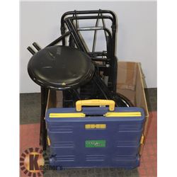 LOT OF LUGGAGE WHEELERS AND 2 PORTABLE STOOLS
