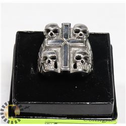 STAINLESS STEEL FOUR SKULLS AROUND CROSS RING SZ