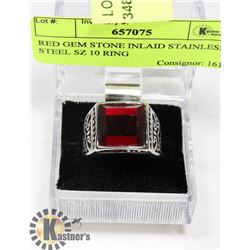RED GEM STONE INLAID STAINLESS STEEL SZ 10 RING
