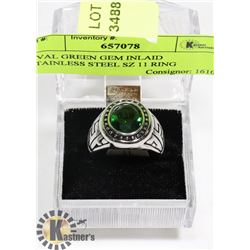 OVAL GREEN GEM INLAID STAINLESS STEEL SZ 11 RING