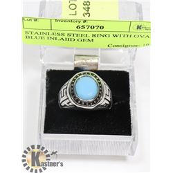 STAINLESS STEEL RING WITH OVAL BLUE INLAID GEM