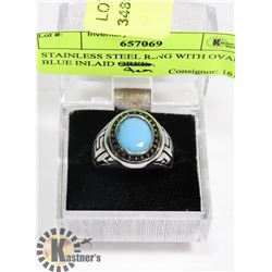 STAINLESS STEEL RING WITH OVAL BLUE INLAID GEM