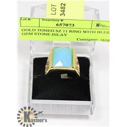 GOLD TONED SZ 11 RING WITH BLUE GEM STONE INLAY