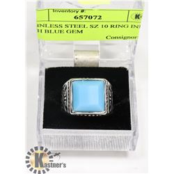 STAINLESS STEEL SZ 10 RING INLAID WITH BLUE GEM