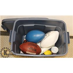 LARGE TOTE OF FOOTBALL COLLECTIBLES & BALLS