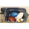 LARGE TOTE OF FOOTBALL COLLECTIBLES & BALLS