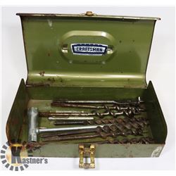 TOOLBOX WITH & 8 WOOD AUGER BITS & CHAINSAW TOOL