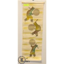 CAPE DORSET COLORED INK ON LINEN "DRUM DANCING"