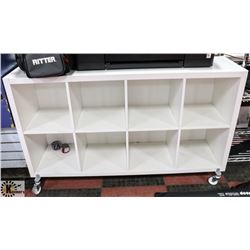 LOT OF 2 WHITE CUBE SHELVES - 1 MISSING WHEEL