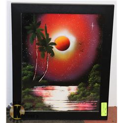 FRAMED TROPICAL SUNSET PICTURE SIGNED 21" TALL X