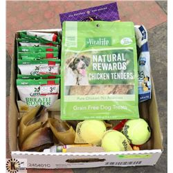 FLAT OF DOG TREATS & CHEWS AND KONG.