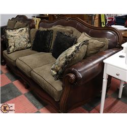 BROWN LEATHERETTE AND FABRIC SOFA WITH LOVE SEAT