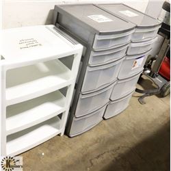 TWO 5 DRAWER PLASTIC STORAGE SYSTEMS WITH 3 SHELF